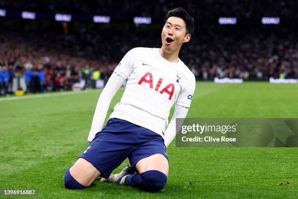 Heung-Min Son of Tottenham Hotspur celebrates after scoring their side's third goal during the Premier League match between Tottenham Hotspur and...