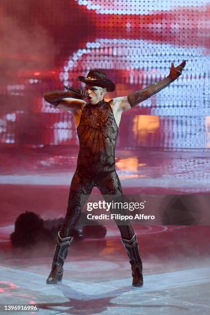 Achille Lauro performs on stage during the second semi-final of the 66th Eurovision Song Contest at Pala Alpitour on May 12, 2022 in Turin, Italy.