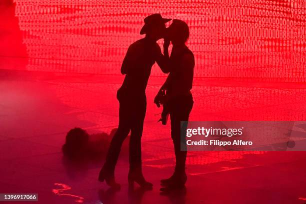 Achille Lauro and Boss Domsperform on stage during the second semi-final of the 66th Eurovision Song Contest at Pala Alpitour on May 12, 2022 in...