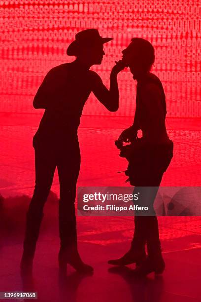 Achille Lauro and Boss Domsperform on stage during the second semi-final of the 66th Eurovision Song Contest at Pala Alpitour on May 12, 2022 in...