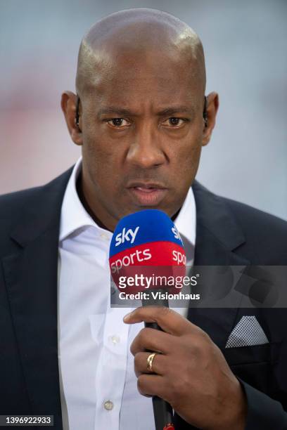 Sky television pundit Dion Dublin before the Premier League match between Aston Villa and Liverpool at Villa Park on May 10, 2022 in Birmingham,...