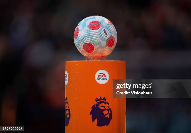 The official Nike Premier League match ball with the EA Sports branding before the Premier League match between Aston Villa and Liverpool at Villa...