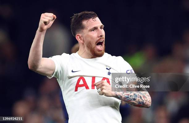 Pierre-Emile Hojbjerg of Tottenham Hotspur celebrates their side's victory after the Premier League match between Tottenham Hotspur and Arsenal at...