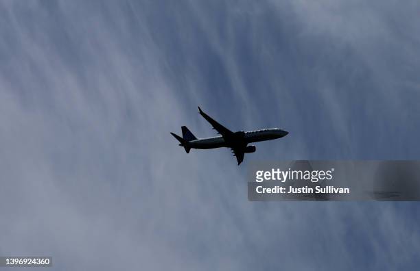 United Airlines plane takes off from San Francisco International Airport on May 12, 2022 in San Francisco, California. According to a report by the...