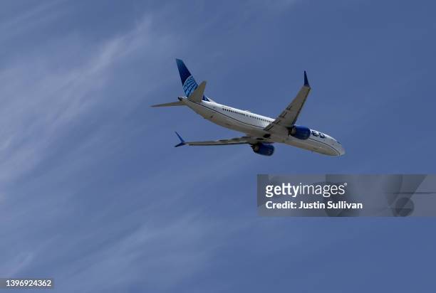 United Airlines plane takes off from San Francisco International Airport on May 12, 2022 in San Francisco, California. According to a report by the...