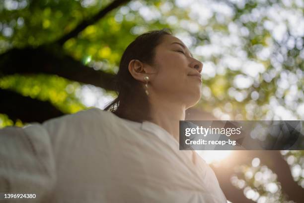 woman outstretching her arms under trees in nature - forest bathing stock pictures, royalty-free photos & images