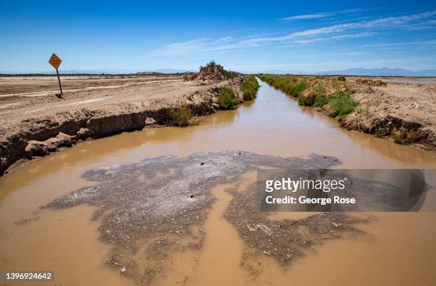An water runoff canal at the John L. Featherstone Hudson Ranch Power 1 geothermal facility, producing electrical power from underground...
