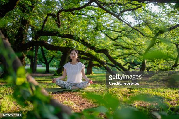 woman meditating in nature - asian yoga stock pictures, royalty-free photos & images