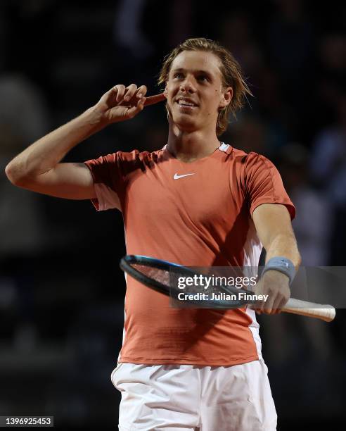 Denis Shapovalov of Canada celebrates his win over Rafael Nadal of Spain in the 3rd round on day five of Internazionali BNL D'Italia at Foro Italico...