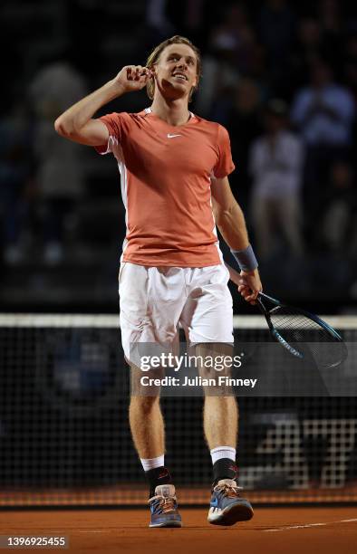 Denis Shapovalov of Canada celebrates his win over Rafael Nadal of Spain in the 3rd round on day five of Internazionali BNL D'Italia at Foro Italico...