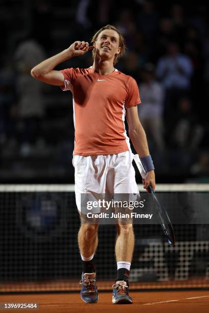 Denis Shapovalov of Canada celebrates his win over Rafael Nadal of Spain in the 3rd round on day five of Internazionali BNL D'Italia at Foro Italico...