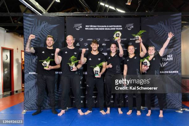 Kody Andrews, Jason Koster, Elliott Connolly, Hayley Mackey, Moira de Villiers and Qona Christie pose during a New Zealand Olympic Committee Judo...