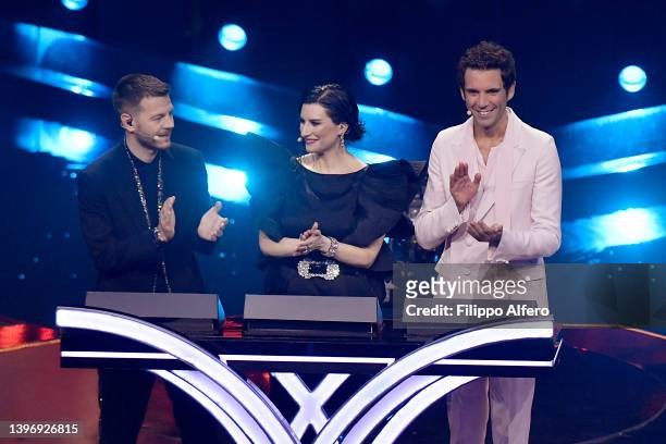 Alessandro Cattelan, Laura Pausini and Mika are seen on stage during the second semi-final of the 66th Eurovision Song Contest at Pala Alpitour on...
