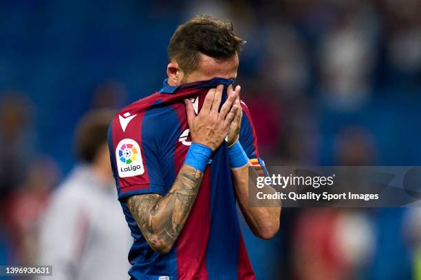 Jose Luis Morales of Levante UD reacts after the game during the LaLiga Santander match between Real Madrid CF and Levante UD at Estadio Santiago...