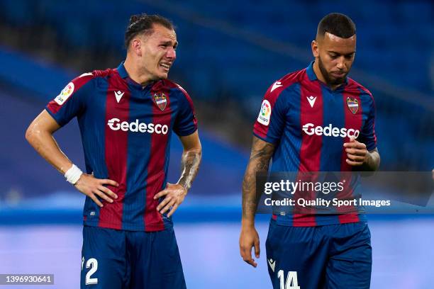 Francisco Javier Hidalgo Son of Levante UD reacts after the game during the LaLiga Santander match between Real Madrid CF and Levante UD at Estadio...