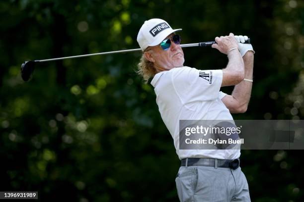 Miguel Angel Jimenez of Spain plays his shot from the sixth tee during the first round of the Regions Tradition at Greystone Golf and Country Club on...