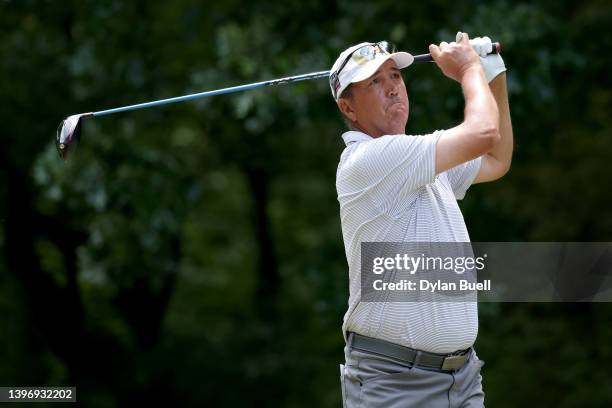 Shane Bertsch plays his shot from the sixth tee during the first round of the Regions Tradition at Greystone Golf and Country Club on May 12, 2022 in...
