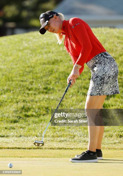 Madelene Sagstrom of Sweden sinks a putt on the 18th green during the first round of the Cognizant Founders Cup at Upper Montclair Country Club on...