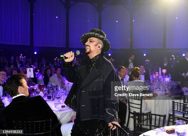 Boy George performs at the DKMS London Gala 2022 at The Roundhouse on May 12, 2022 in London, England.