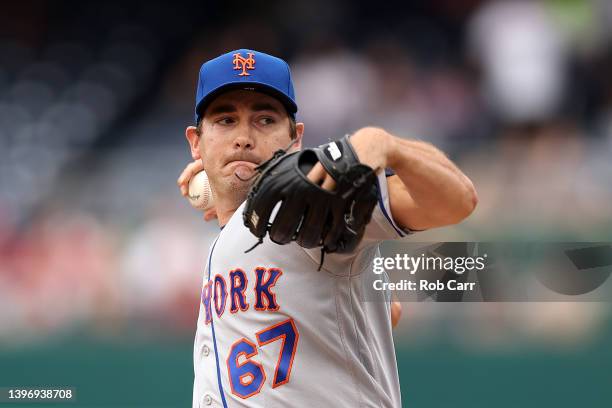 Seth Lugo of the New York Mets delivers a pitch against the Washington Nationals at Nationals Park on May 12, 2022 in Washington, DC.