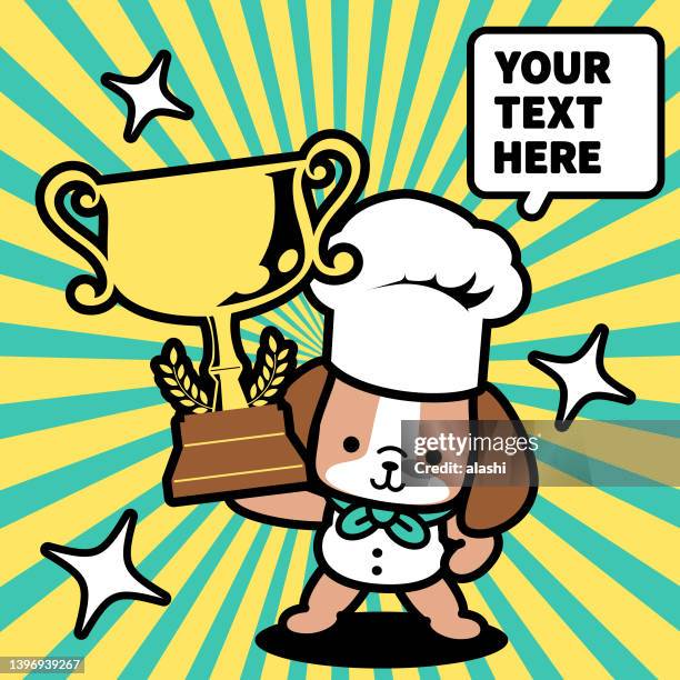 a cute dog chef wearing a chef's hat is lifting a trophy and standing with one hand on his hip - baking competition stock illustrations