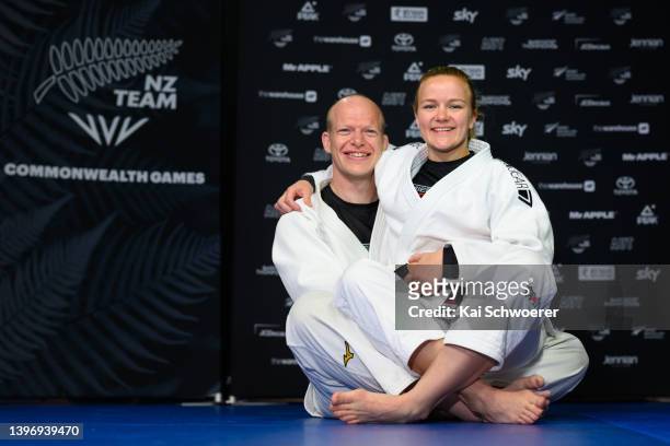 Jason Koster and his wife Moira de Villiers pose during a New Zealand Olympic Committee Judo selection announcement at Premiere Equipe Judo on May...