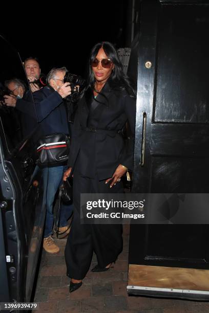 Naomi Campbell leaves Annabel's for the Elton John AIDS Foundation Gala Benefit on May 12, 2022 in London, England.