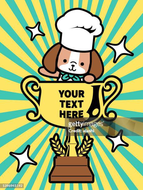 a cute dog chef wearing a chef's hat is popping out of a big trophy and saying hello - australian cafe stock illustrations
