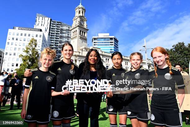 Secretary General Fatma Samoura poses with young football players during the FIFA Women's World Cup Australia & New Zealand 2023 venue and date draw...