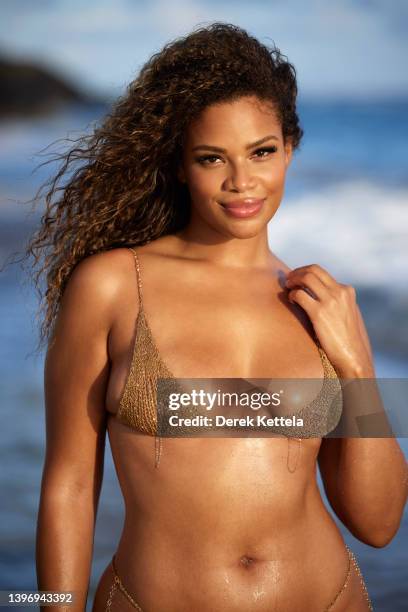 Swimsuit Issue 2022: Model Kamie Crawford poses for the 2022 Sports Illustrated swimsuit issue on February 22, 2022 in St. Croix, U.S. Virgin...