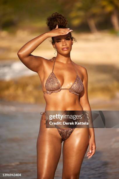 Swimsuit Issue 2022: Model Kamie Crawford poses for the 2022 Sports Illustrated swimsuit issue on February 22, 2022 in St. Croix, U.S. Virgin...