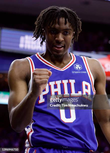 Tyrese Maxey of the Philadelphia 76ers reacts against the Miami Heat in the second quarter of Game Six of the 2022 NBA Playoffs Eastern Conference...