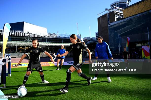 Young footballers play football ahead of the FIFA Women's World Cup Australia & New Zealand 2023 venue and date draw announcement at Aotea Square on...