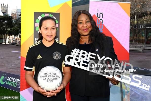 Secretary General Fatma Samoura poses with Auckland United football player Nerys Fish during the FIFA Women's World Cup Australia & New Zealand 2023...