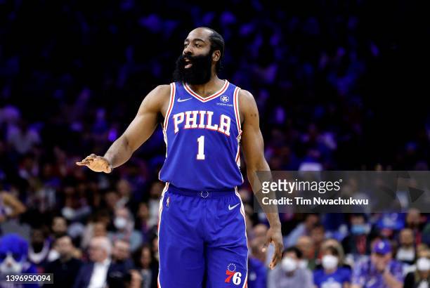 James Harden of the Philadelphia 76ers in Game Six of the 2022 NBA Playoffs Eastern Conference Semifinals at Wells Fargo Center on May 12, 2022 in...