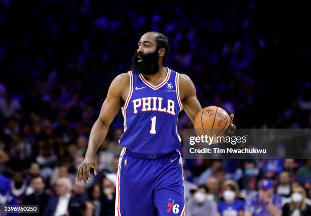 James Harden of the Philadelphia 76ers in Game Six of the 2022 NBA Playoffs Eastern Conference Semifinals at Wells Fargo Center on May 12, 2022 in...