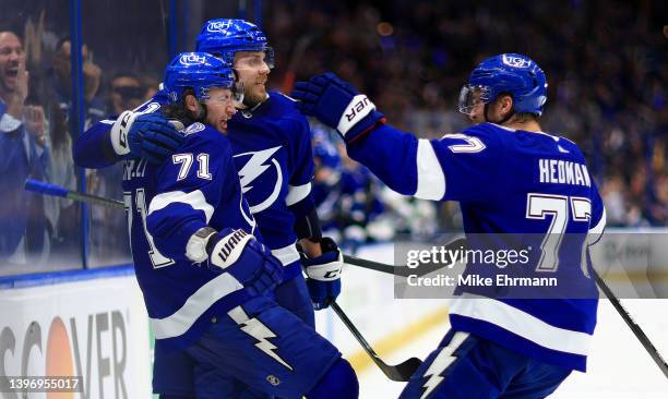 Anthony Cirelli of the Tampa Bay Lightning celebrates a goal in the second period during Game Five of the First Round of the 2022 Stanley Cup...