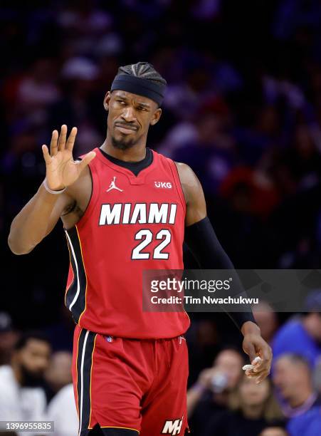 Jimmy Butler of the Miami Heat in Game Six of the 2022 NBA Playoffs Eastern Conference Semifinals at Wells Fargo Center on May 12, 2022 in...