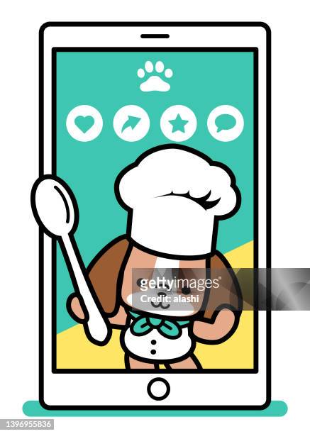 a cute dog chef wearing a chef's hat and holding a spoon and sharing recipes on a smartphone screen - beagle restaurant stock illustrations