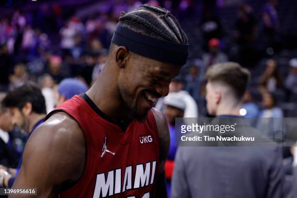 Jimmy Butler of the Miami Heat after a 99-90 win against the Philadelphia 76ers in Game Six of the 2022 NBA Playoffs Eastern Conference Semifinals at...