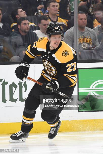 Hampus Lindholm of the Boston Bruins skates against the Carolina Hurricanes in Game Six of the First Round of the 2022 Stanley Cup Playoffs at the TD...