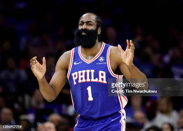 James Harden of the Philadelphia 76ers in Game Six of the 2022 NBA Playoffs Eastern Conference Semifinals at Wells Fargo Center on May 12, 2022 in...