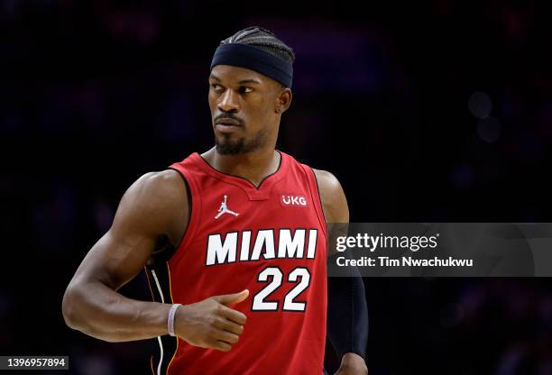 Jimmy Butler of the Miami Heat in Game Six of the 2022 NBA Playoffs Eastern Conference Semifinals at Wells Fargo Center on May 12, 2022 in...