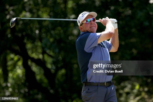 Billy Mayfair plays his shot from the sixth tee during the first round of the Regions Tradition at Greystone Golf and Country Club on May 12, 2022 in...