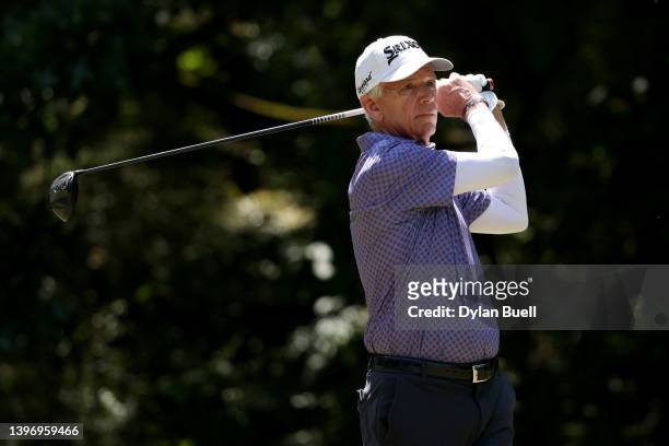 Larry Mize plays his shot from the sixth tee during the first round of the Regions Tradition at Greystone Golf and Country Club on May 12, 2022 in...