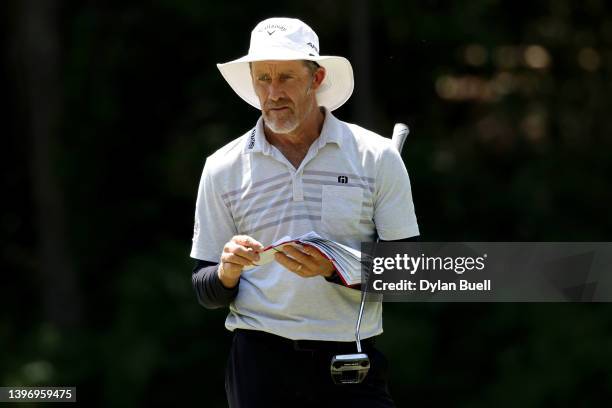 Stuart Appleby of Australia looks on from the fifth green during the first round of the Regions Tradition at Greystone Golf and Country Club on May...