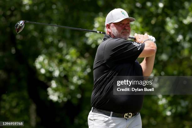 Darren Clarke of Northern Ireland plays his shot from the sixth tee during the first round of the Regions Tradition at Greystone Golf and Country...