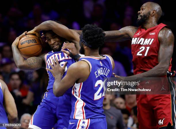 Shake Milton of the Philadelphia 76ers controls the ball against Dewayne Dedmon of the Miami Heat in Game Six of the 2022 NBA Playoffs Eastern...