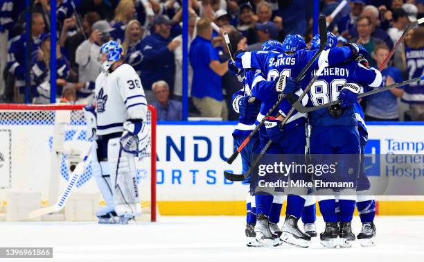 Nikita Kucherov of the Tampa Bay Lightning celebrates a goal in the third period during Game Five of the First Round of the 2022 Stanley Cup Playoffs...