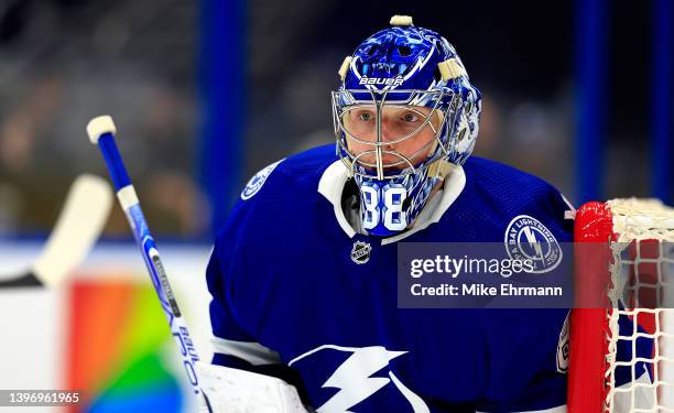 Andrei Vasilevskiy of the Tampa Bay Lightning looks on in the third period during Game Five of the First Round of the 2022 Stanley Cup Playoffs...